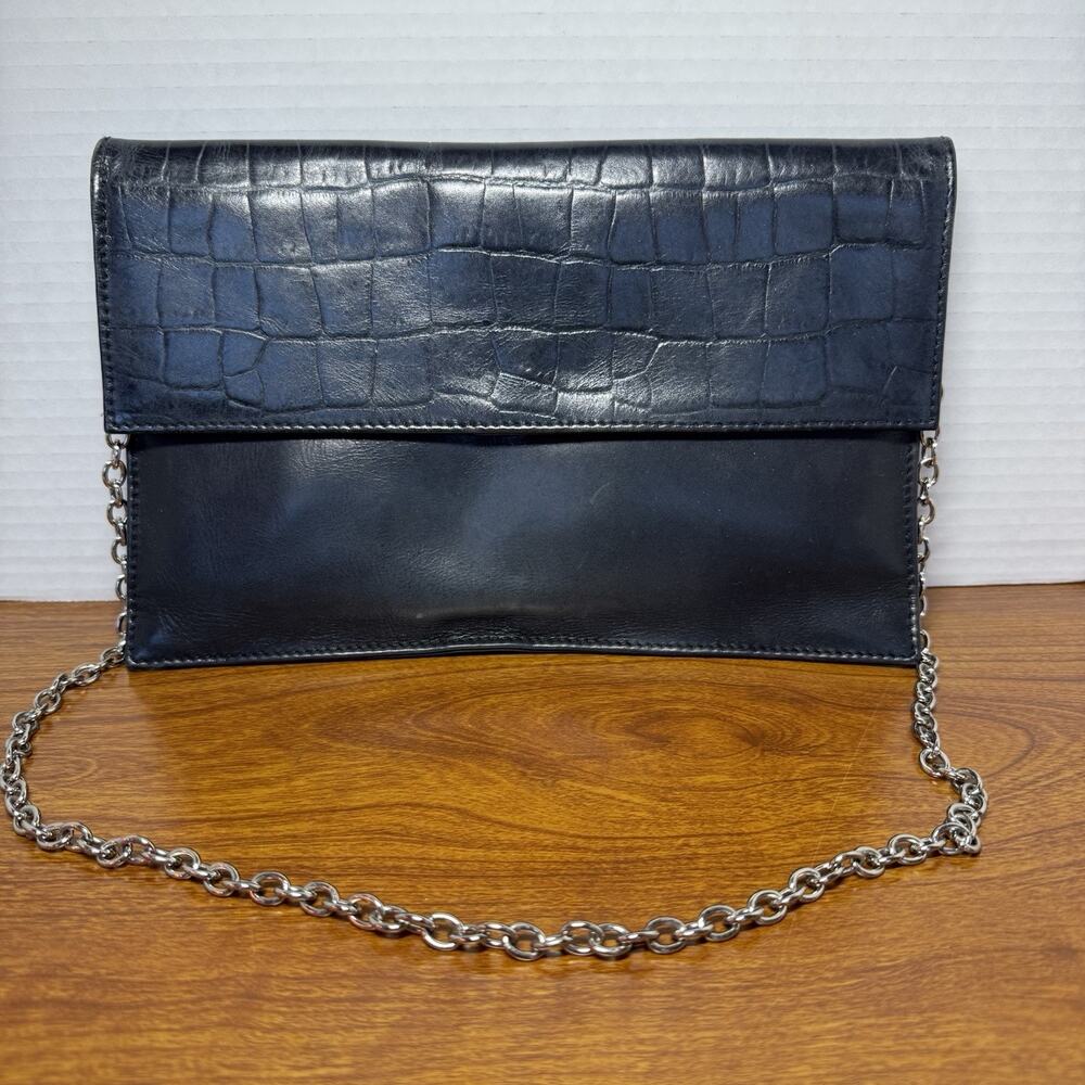 Vintage ILI Black Leather Handbag Purse Shoulder Bag Leopard Print